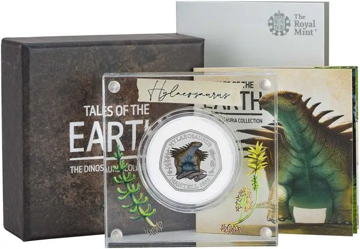 2020 Tales of the Earth: The Dinosauria Collection - Hylaeosaurus Coloured Silver Proof 50 Pence Coin in box