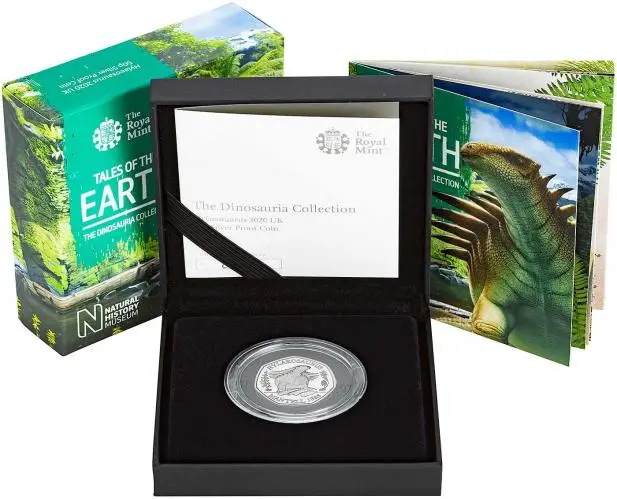 2020 Tales of the Earth: The Dinosauria Collection - Hylaeosaurus Silver Proof 50 Pence Coin reverse in box