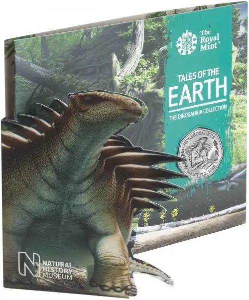 2020 Tales of the Earth: The Dinosauria Collection - Hylaeosaurus B.U. 50 Pence Coin in card side view
