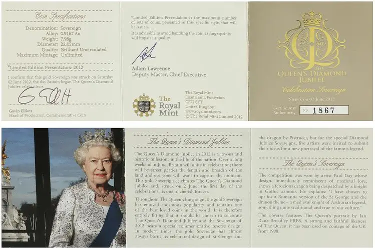 2012 Gold Sovereign Diamond Jubilee 'Struck on the Day' Coin certification