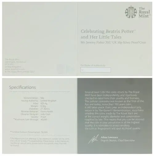 2017 Silver Proof Beatrix Potter Elizabeth II Mr Jeremy Fisher  certifcate