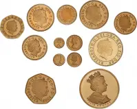 2002 Golden Jubilee 13-Coin Gold Proof Coin Set obverse designs