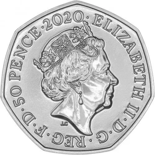 2020 Base Metal BU Beatrix Potter Elizabeth II Peter Rabbit Pound Sterling 50 Pence Coin United Kingdom The Royal Mint obverse