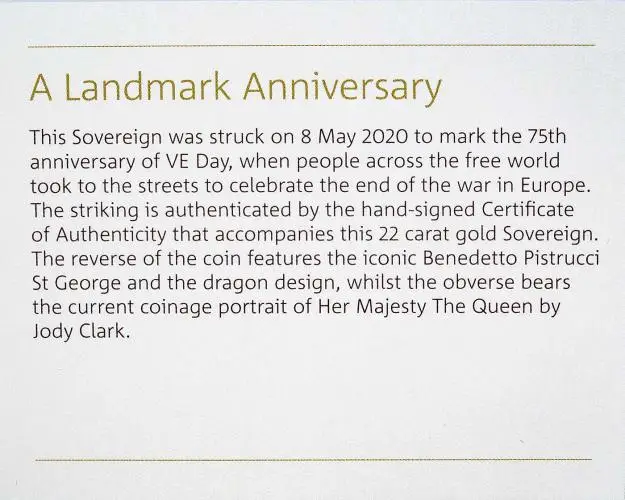 2020 75th Anniversary of VE Day Strike-on-the-Day Gold Sovereign insert