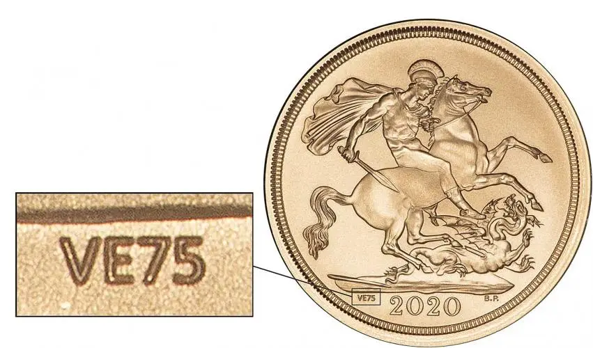 2020 75th Anniversary of VE Day Strike-on-the-Day Gold Sovereign with mark overlay