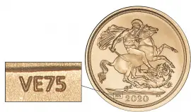 2020 75th Anniversary of VE Day Strike-on-the-Day Gold Sovereign with mark overlay