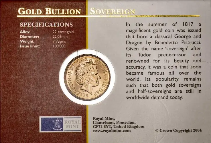 2004 Gold Sovereign Elizabeth II Bullion Coin - In Sleeve Obverse