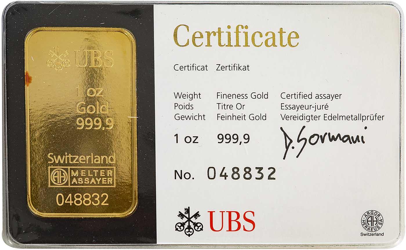 1 oz Gold Bullion Bar UBS Pre-Owned | Chards