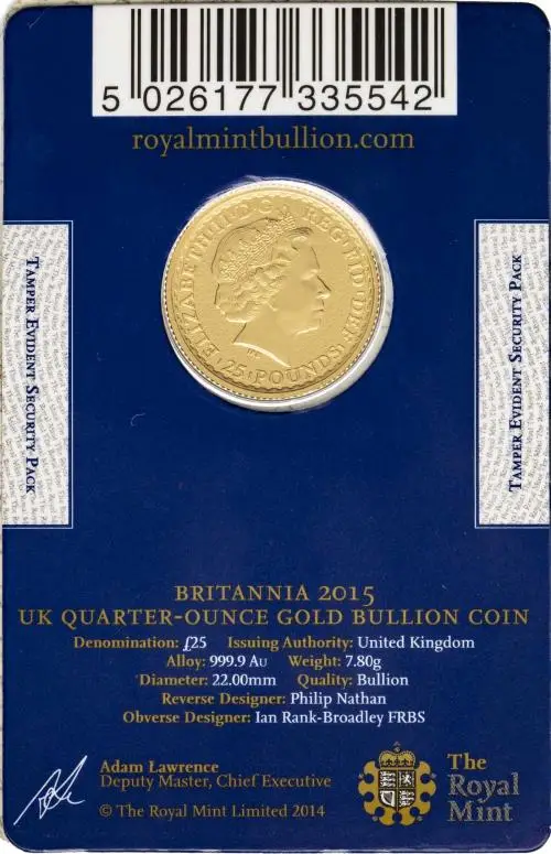 2015 Gold Uncirculated 0.25 Ounce Britannia  Coin In Card United Kingdom The Royal Mint obverse