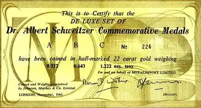 1875 - 1965 Gold Dr. Albert Schweizer 3 Piece Medallion Set Metal Import certificate of authenticity