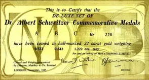 1875 - 1965 Gold Dr. Albert Schweizer 3 Piece Medallion Set Metal Import certificate of authenticity