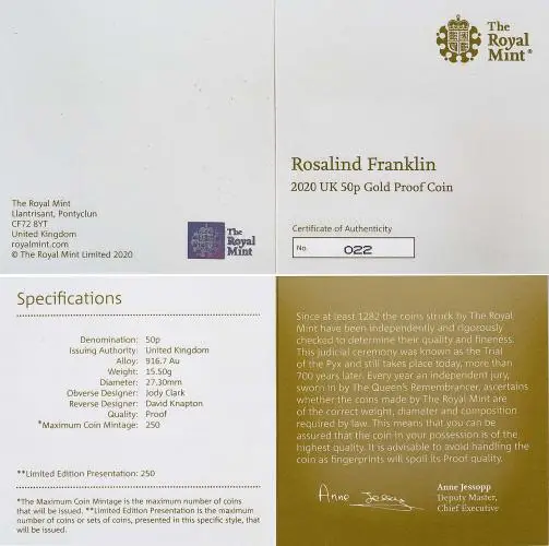 2020 Rosalind Franklin Gold Proof 50 Pence Coin cert and specifications