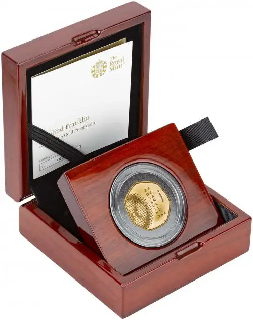 2020 Rosalind Franklin Gold Proof 50 Pence Coin side view