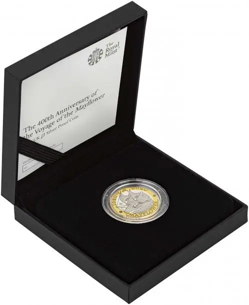 2020 400th Anniversary of the Voyage of the Mayflower Silver Proof £2 Coin box side view