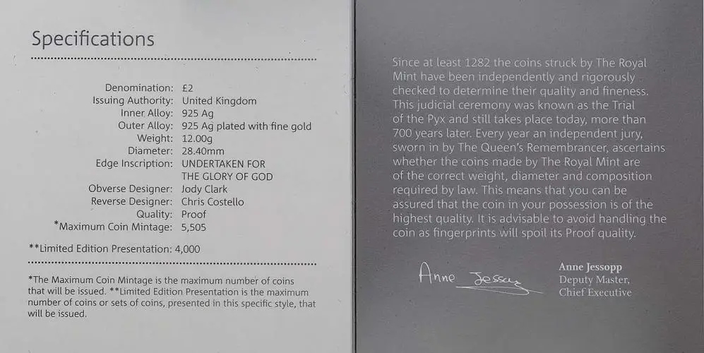 2020 400th Anniversary of the Voyage of the Mayflower Silver Proof £2 Coin specifications