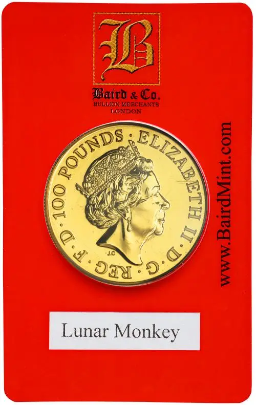 2016 1 oz Gold Coin Year of the Monkey Royal Mint Bullion - In Sleeve Baird & Co obverse