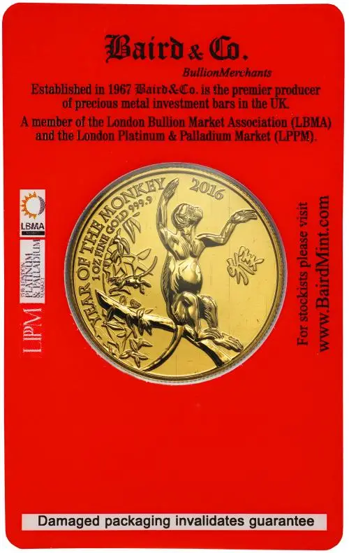 2016 1 oz Gold Coin Year of the Monkey Royal Mint Bullion - In Sleeve Baird & Co reverse