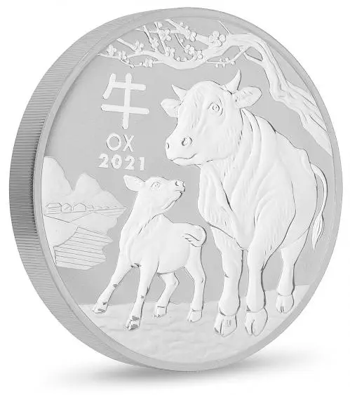 2021 Year of the Ox Perth Mint Lunar 1 Kg Silver Bullion Coin side view focus stacked