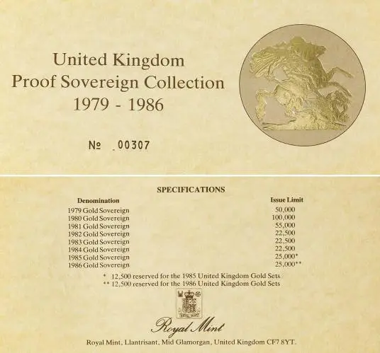 1979 - 1986 Gold Proof Sovereign Elizabeth II 8 Coin Set Certificate of Authenticity