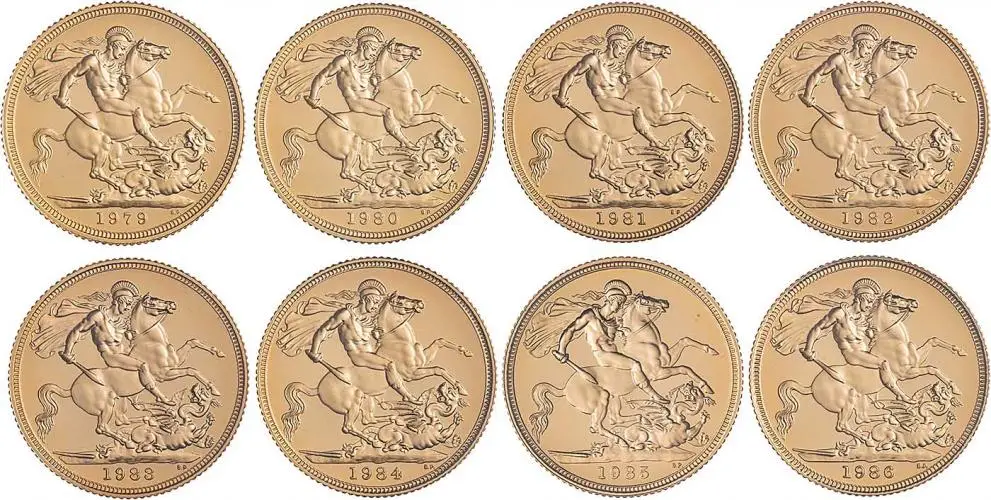 1979 - 1986 Gold Proof Sovereign Elizabeth II 8 Coin Set Reverse Designs