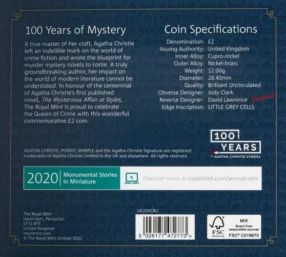 2020 Agatha Christie: 100 Years of Mystery Brilliant Uncirculated £2 Coin specs