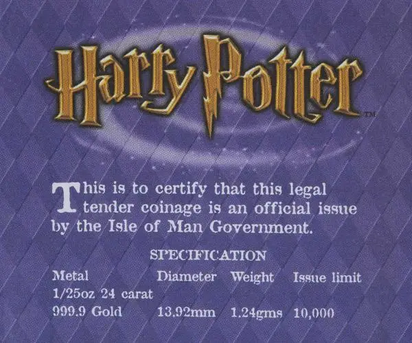 2002 Gold Proof 1/25 Ounce Harry Potter Crown  Coin Single Isle of Man specs