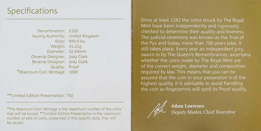 2017 Gold Proof 1 Ounce Queen's Beasts Lion of England £100  Coin United Kingdom The Royal Mint specs