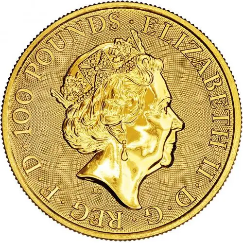 2021 Queen's Beasts White Greyhound of Richmond 1 oz Gold Bullion Coin obverse image crop