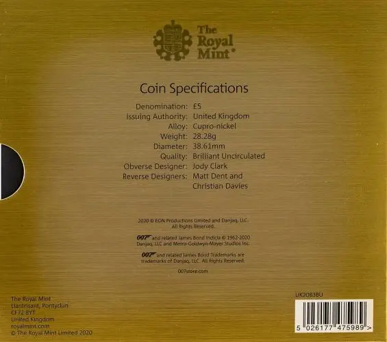 2020 James Bond 007 Shaken Not Stirred BU £5 Coin specs