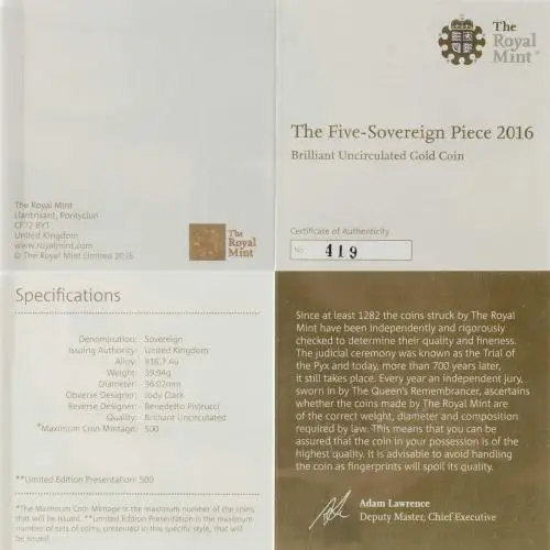 2016 Gold BU Quintuple Sovereign Elizabeth II £5  Coin Single United Kingdom The Royal Mint with cert