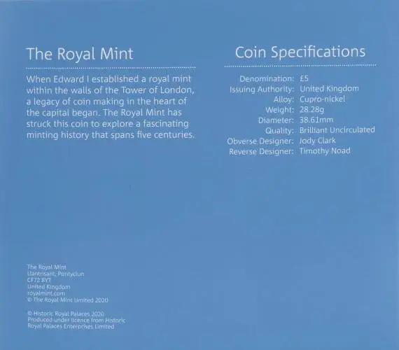 2020 The Tower of London - Coins and Kings BU £5 Coin specs and info