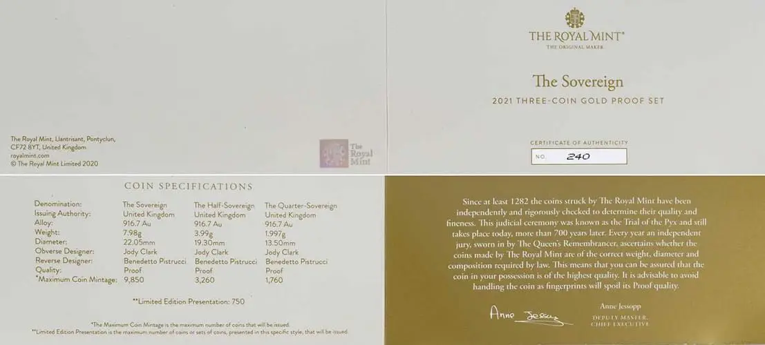 2021 3-Coin Standard Gold Proof Sovereign Set certificate specifications and information