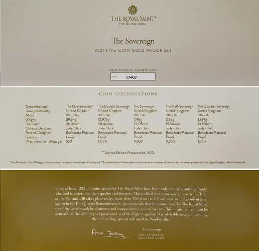 2021 5-Coin Gold Proof Sovereign Set certificate specifications and information
