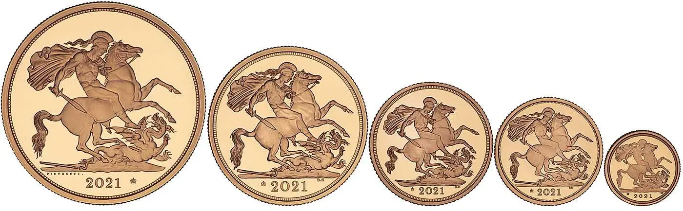 2021 5-Coin Gold Proof Sovereign Set reverse designs