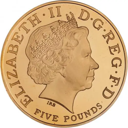 2005 Small Scratches Gold Proof Without Sleeve Elizabeth II Nelson Pound Sterling £5 / Crown Coin United Kingdom The Royal Mint obv