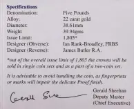 2005 Gold Proof Elizabeth II Nelson Pound £5 Crown - Without Sleeve reverse with certification of authenticity
