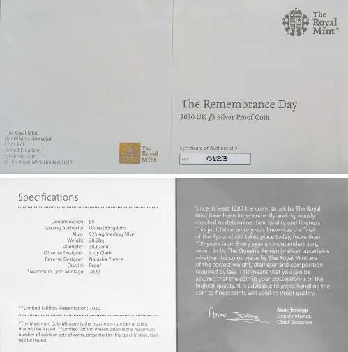 2020 Remembrance Day Silver Proof £5 Coin cert specs and info