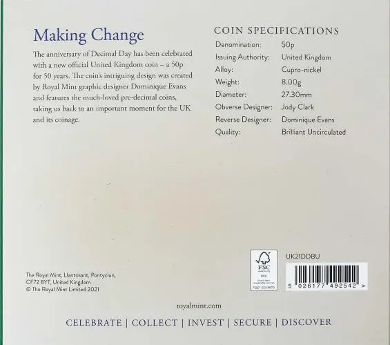 2021 50th Anniversary of Decimal Day BU 50p Coin specs and info