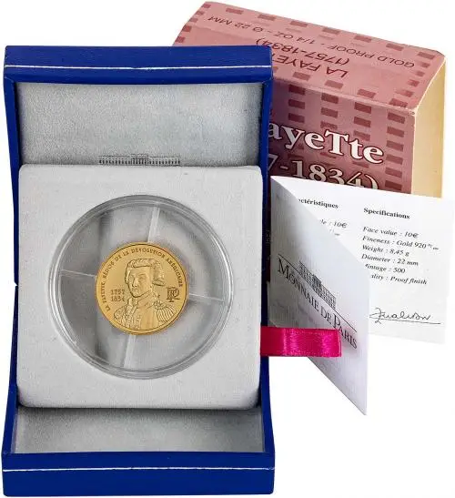 2004 Gold Proof La Fayette Euro 10 Euro  Coin Single France Monnaie de Paris with box