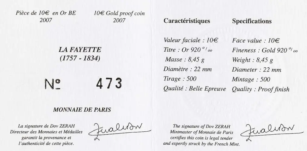 2004 Gold Proof La Fayette Euro 10 Euro  Coin Single France Monnaie de Paris with cert