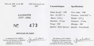 2004 Gold Proof La Fayette Euro 10 Euro  Coin Single France Monnaie de Paris with cert