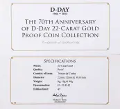 2014 Light Scratches Gold Proof 70th Anniversary of D-Day  Coin With Box with Cert Jubilee Mint 3 Coins with cert