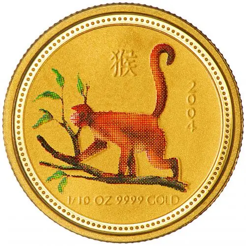 2004 0.1 oz Gold Coin Lunar Year of the Monkey Perth Mint Bullion Coloured reverse