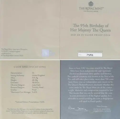 2021 Elizabeth II 95th Birthday Silver Proof £5 coin with cert