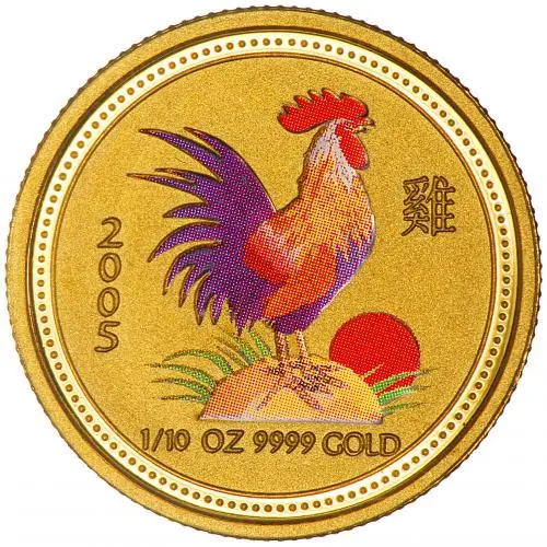 2005 0.1 oz Gold Coin Lunar Year of the Rooster Perth Mint Coloured Bullion reverse 1