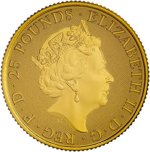 2019 Gold Bullion Ungraded 0.25 Ounce Elizabeth II The Gold Standard Pound Sterling £25 Coin Single United Kingdom The Royal Mint obverse
