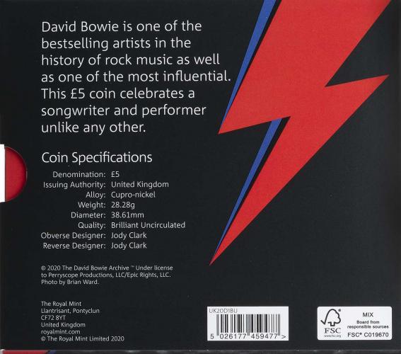 DAVID BOWIE MUSIC LEGENDS UK £5 記念コイン David Bowie Coin £5 Royal Mint Official BU Five Pound Music