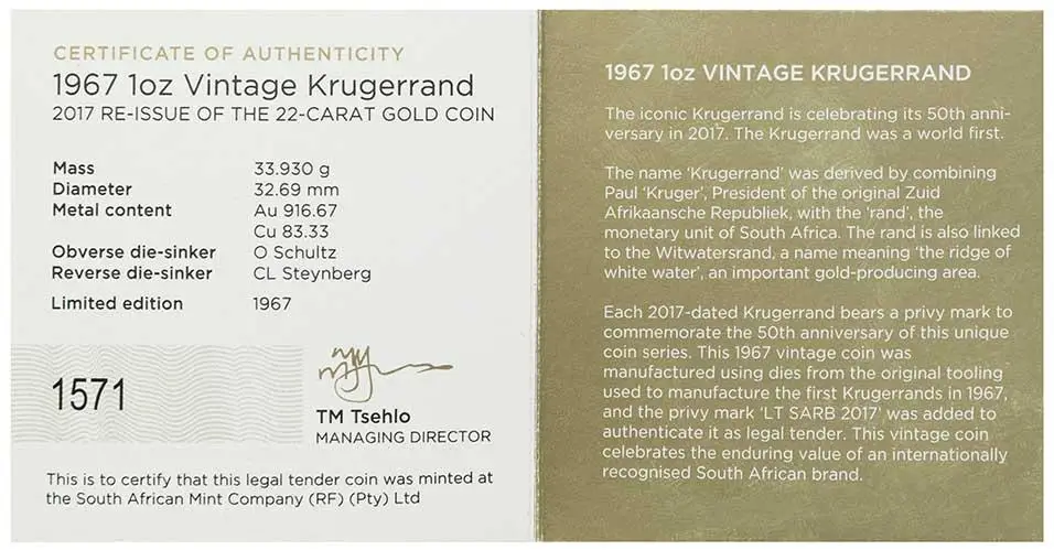 2017 BU Gold Krugerrand 1967 Coin Restrike - 50th Anniversary Privy Mark cert specs