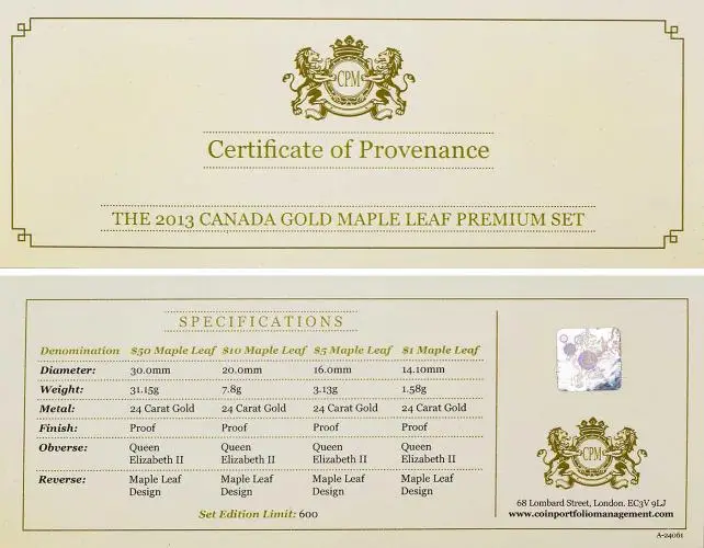 2013 Gold Premium Proof Maple 4-Coin Set cert of provenance obv