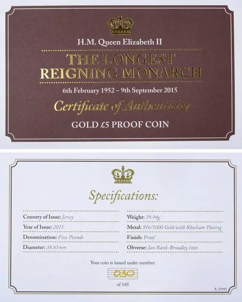 2015 Gold Proof Longest Reigning Monarch Pound Sterling £5 Coin cert and specs